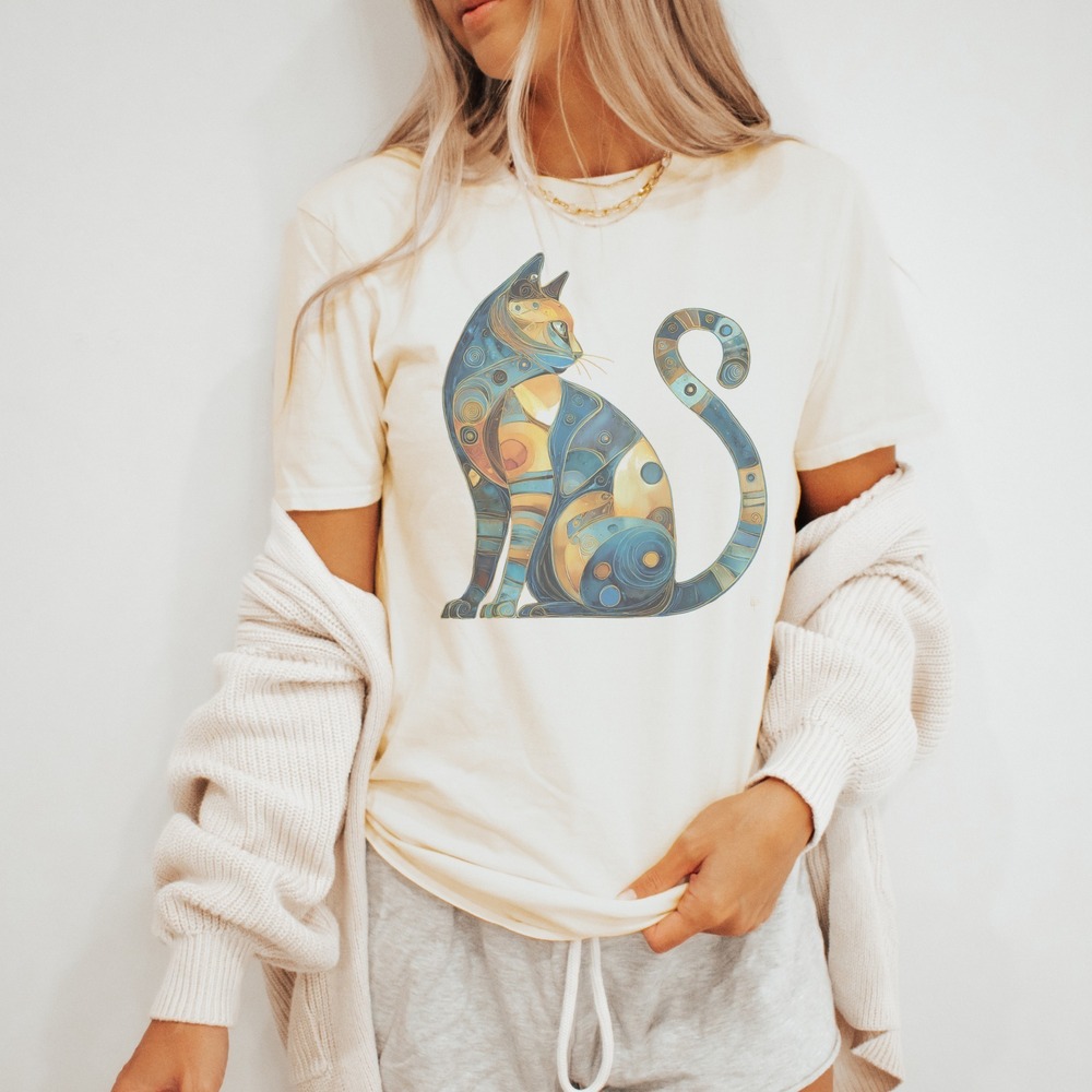 Art Deco Cat Graphic Tee Mystical Geometric Design - Picture 3 of 5